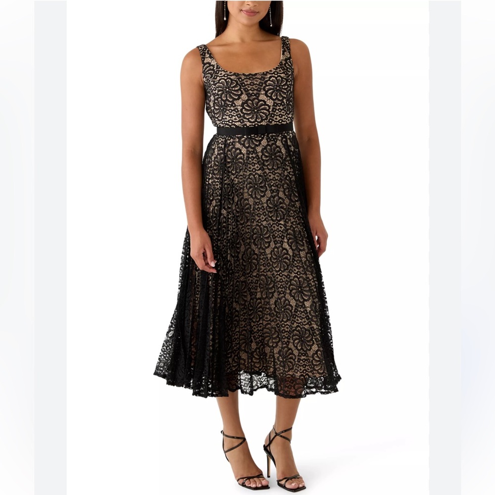 Melonie T Black Lace Overlay A-Line Dress with Nude Lining Sz 12 NWT